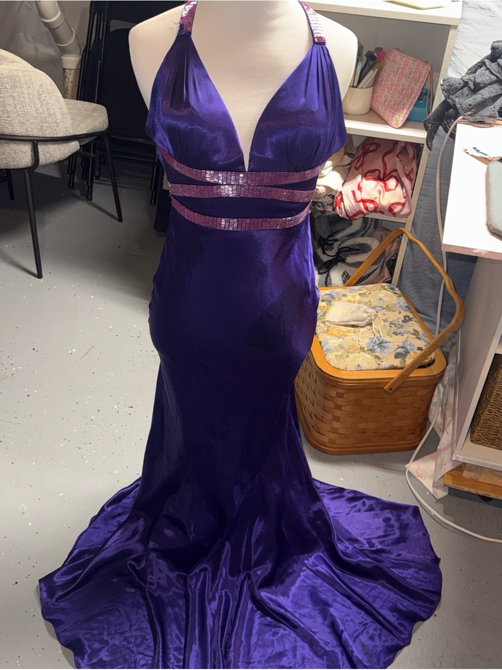 Maggie Sottero Deep Purple Satin Halter Gown with Pink Sequin Bands